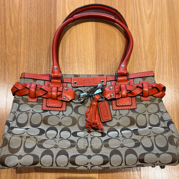 Vintage Coach Signature Hampton Braided Coral Trim Purse Handbag F13065 - Picture 7 of 15